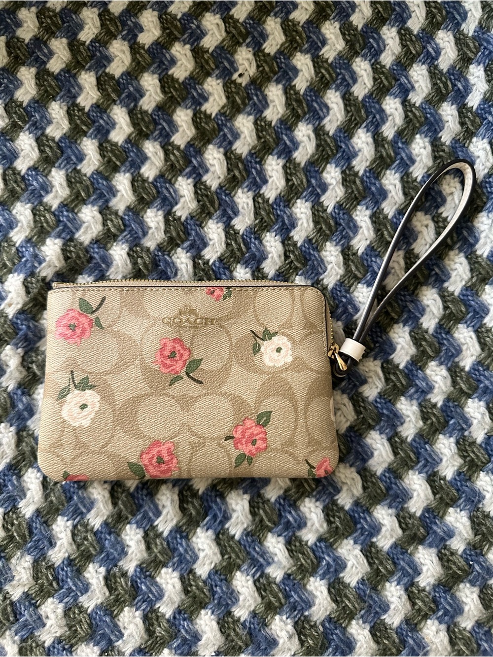 Coach Signature Floral Wristlet in Beige with Pink & White Flowers